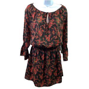 JACK BB Dakota Womens Dress Black Red Floral Smocked Waist Boho Whimsigoth Sz L